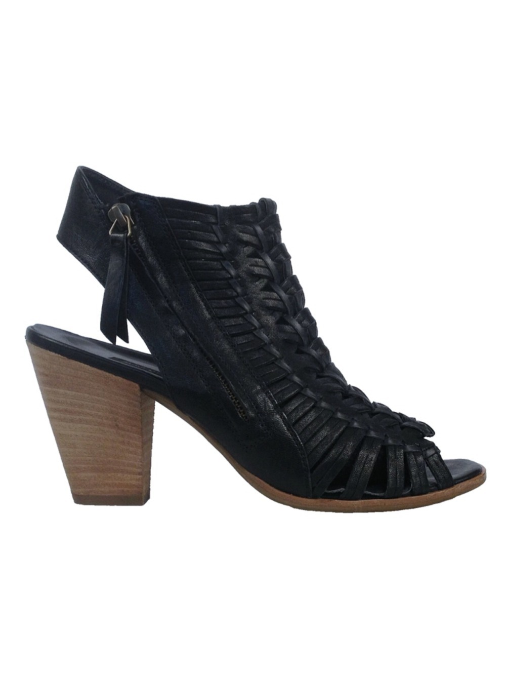 Paul Green Miranda Sandals Woven Black Leather Chunk Heel Open Toe Shoes 7.5